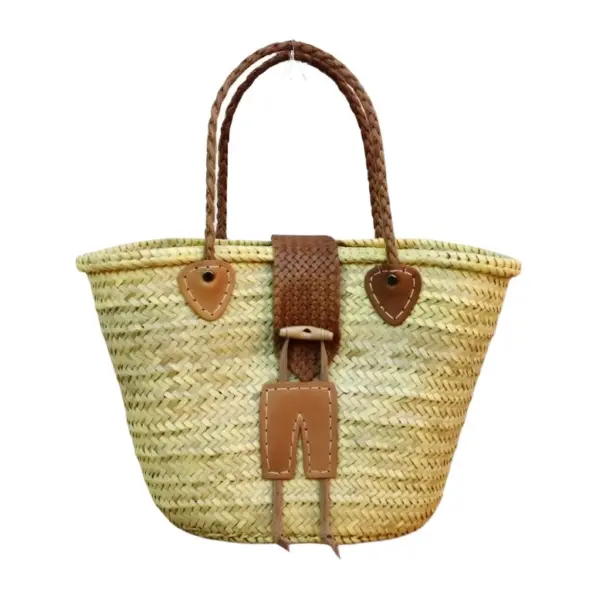 Moroccan Straw Tote with Leather Trim – Elegant Handwoven Bag with Buckle & Heart Detail