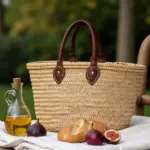 Classic French Market Basket – Handwoven Moroccan Straw Bag with Leather Handles - Image 3