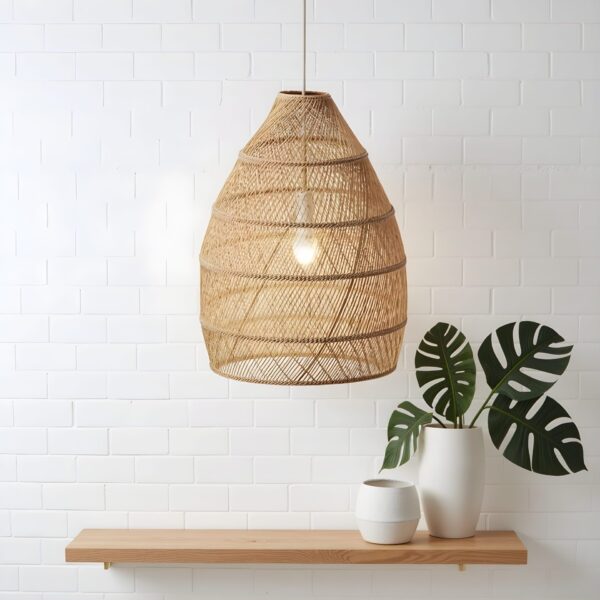 Handwoven Raffia Pendant Light – Sustainable Boho Ceiling Lamp (14″ × 20″) | Moroccan Artisan Lighting