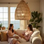 Handwoven Raffia Pendant Light – Sustainable Boho Ceiling Lamp (14″ × 20″) | Moroccan Artisan Lighting - Image 11