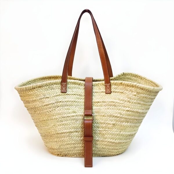 Moroccan Leather Strap Straw Shoulder Bag – Handwoven Natural Tote with Belt Detail