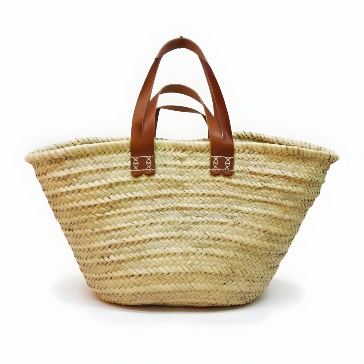Moroccan Double-Handle Straw Tote Bag – Natural Handwoven Beach Basket with Leather Straps - Image 1