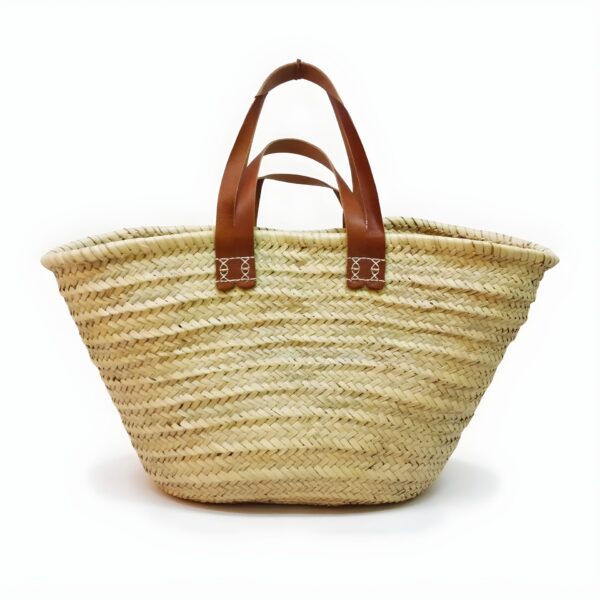 Moroccan Double-Handle Straw Tote Bag – Natural Handwoven Beach Basket with Leather Straps