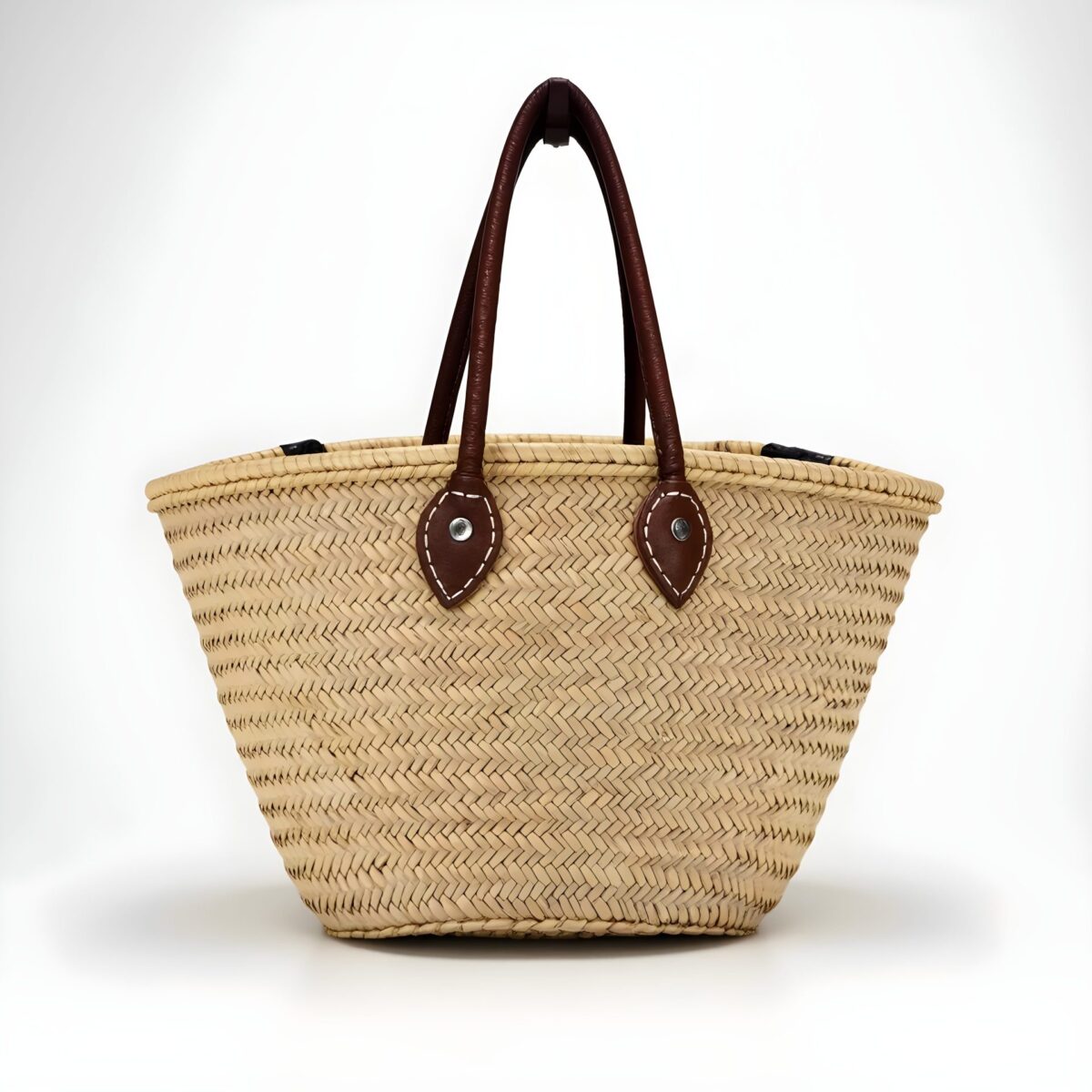 Classic French Market Basket – Handwoven Moroccan Straw Bag with Leather Handles - Image 1