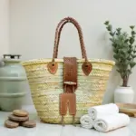 Moroccan Straw Tote with Leather Trim – Elegant Handwoven Bag with Buckle & Heart Detail - Image 5