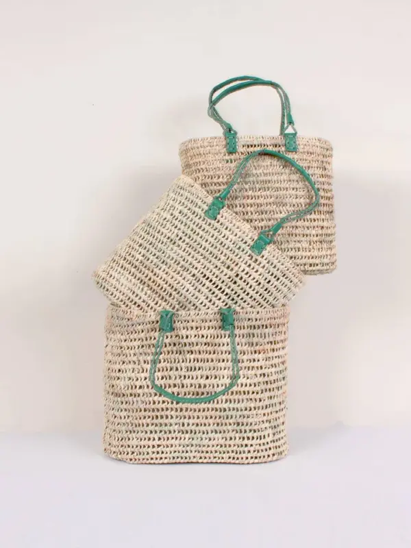 Pleated Leather Handle Basket – Sage Green