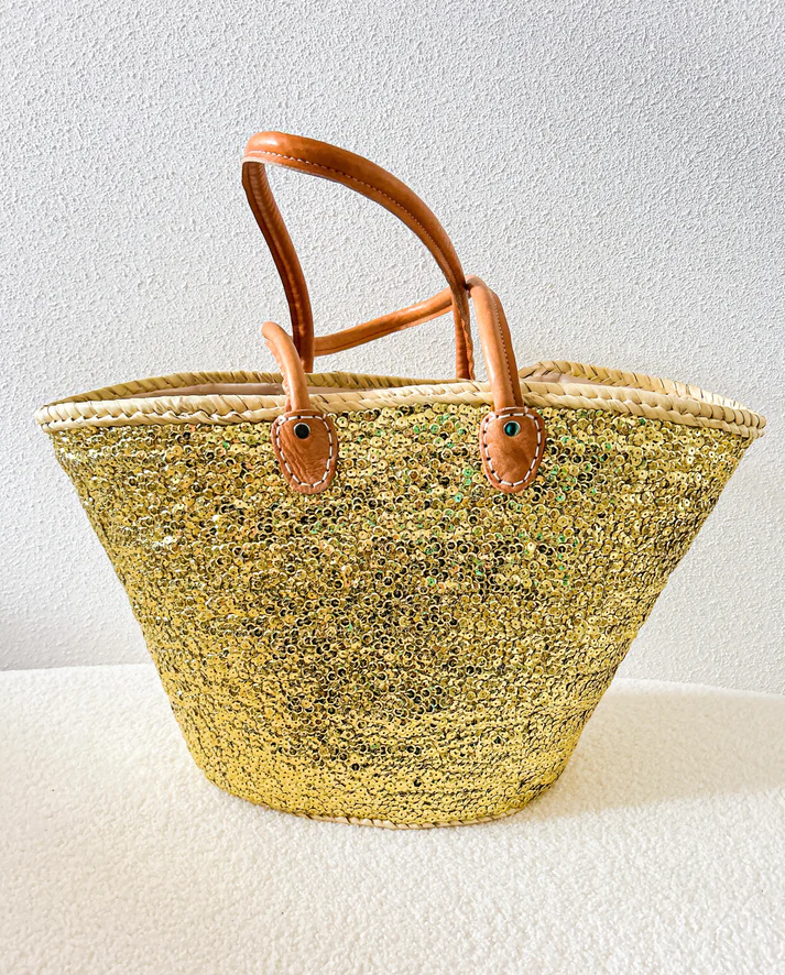 ✨ XL Gold Sequin Beach Bag – Handmade Moroccan Boho Tote