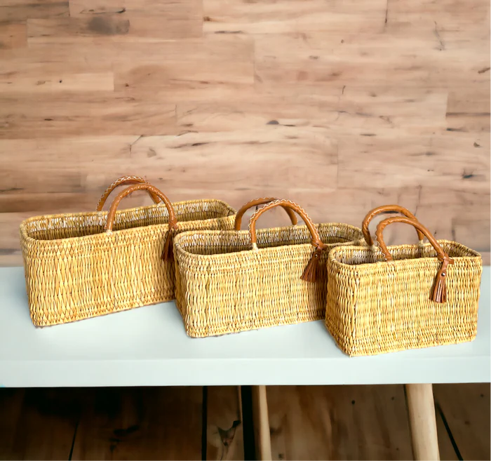 🌿 Gardener’s Baskets – Handmade Straw Tote with Leather Handles
