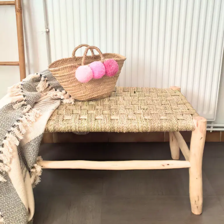 Handcrafted Moroccan Beldi Bench 80cm – Natural Wood & Doum Boho Seating