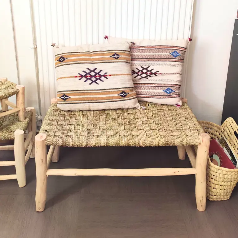 Handcrafted Moroccan Beldi Bench 80cm – Natural Wood & Doum Boho Seating