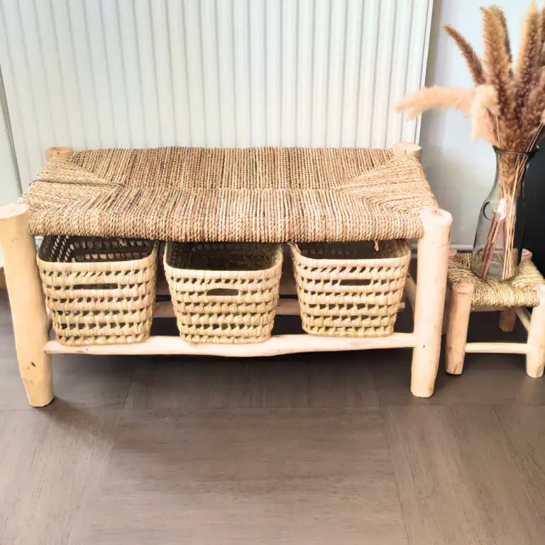 Moroccan Beldi Wooden Bench 80cm with Storage – Handwoven Doum & Natural Wood