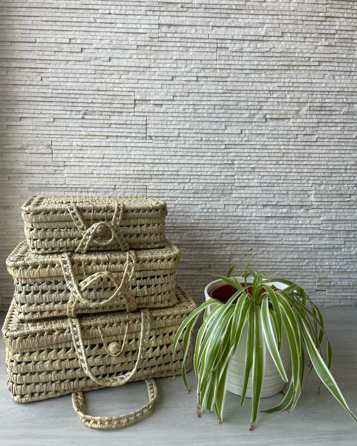 Handmade Palm Leaf Suitcase Set – Trio of Storage Baskets