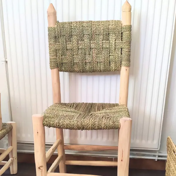 Handcrafted Moroccan Wooden & Doum Chair – Natural Boho Dining & Accent Chair