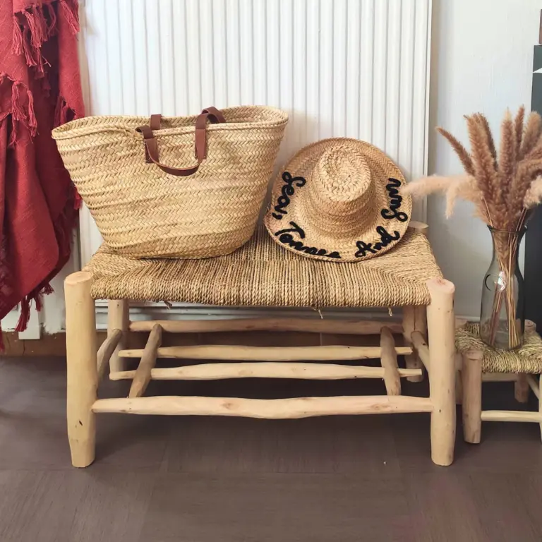 Moroccan Beldi Wooden Bench 80cm with Storage – Handwoven Doum & Natural Wood