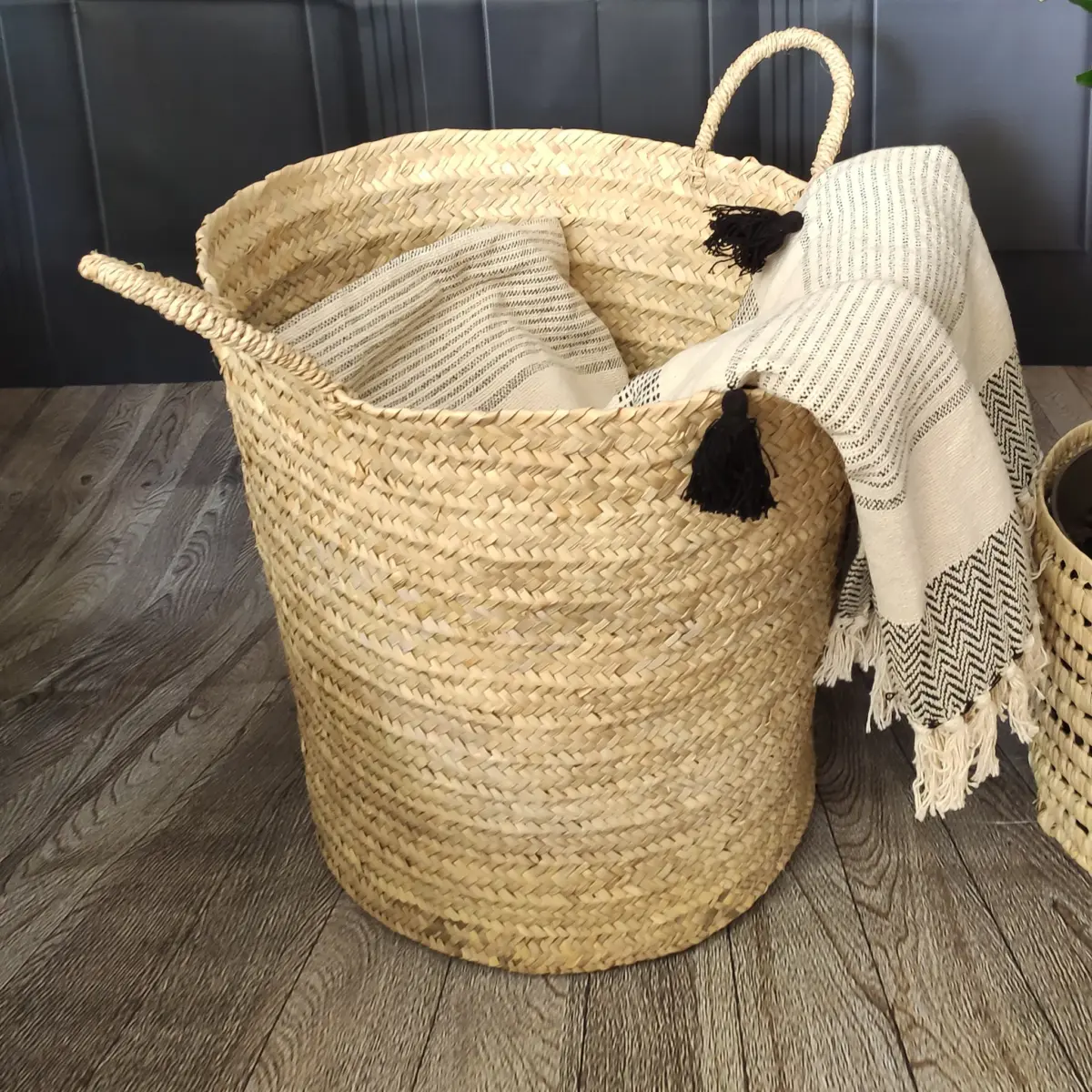 Large Handwoven Palm Leaf Storage Basket – Natural Home Organizer with Handles - Image 5