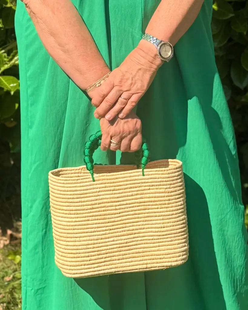 Handmade Raffia Bag – Boho Chic Summer Basket with Round Handles, Available in Orange, Green & Blue