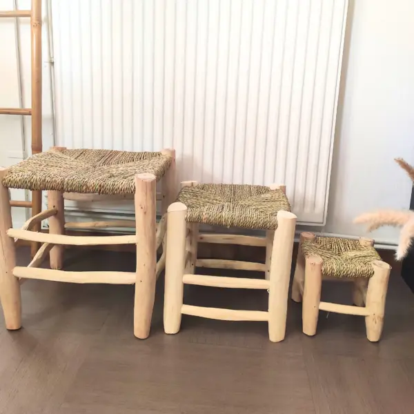 Moroccan Beldi Wooden & Doum Stool – Handwoven Natural Boho Home Décor