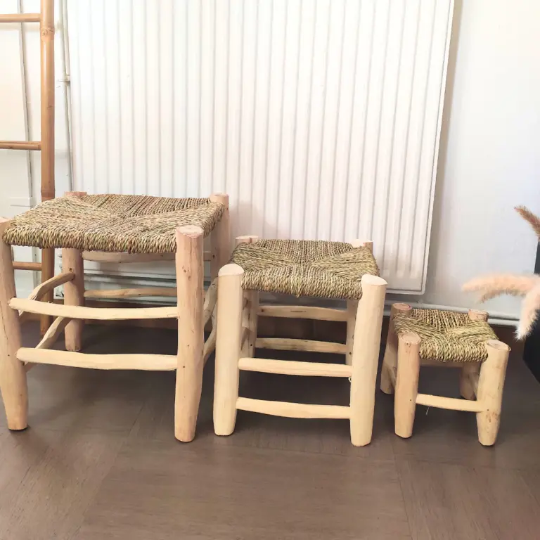 Moroccan Beldi Wooden & Doum Stool – Handwoven Natural Boho Home Décor
