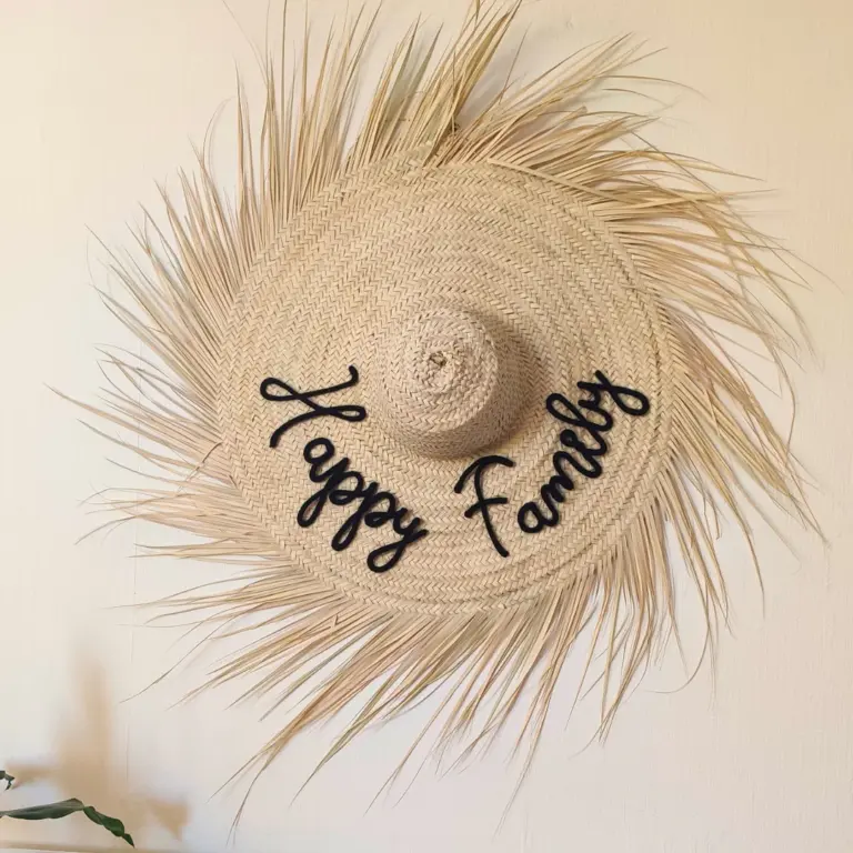 Personalized Boho Palm Leaf Fringe Wall Hat – Handwoven Natural Home Décor & Gift