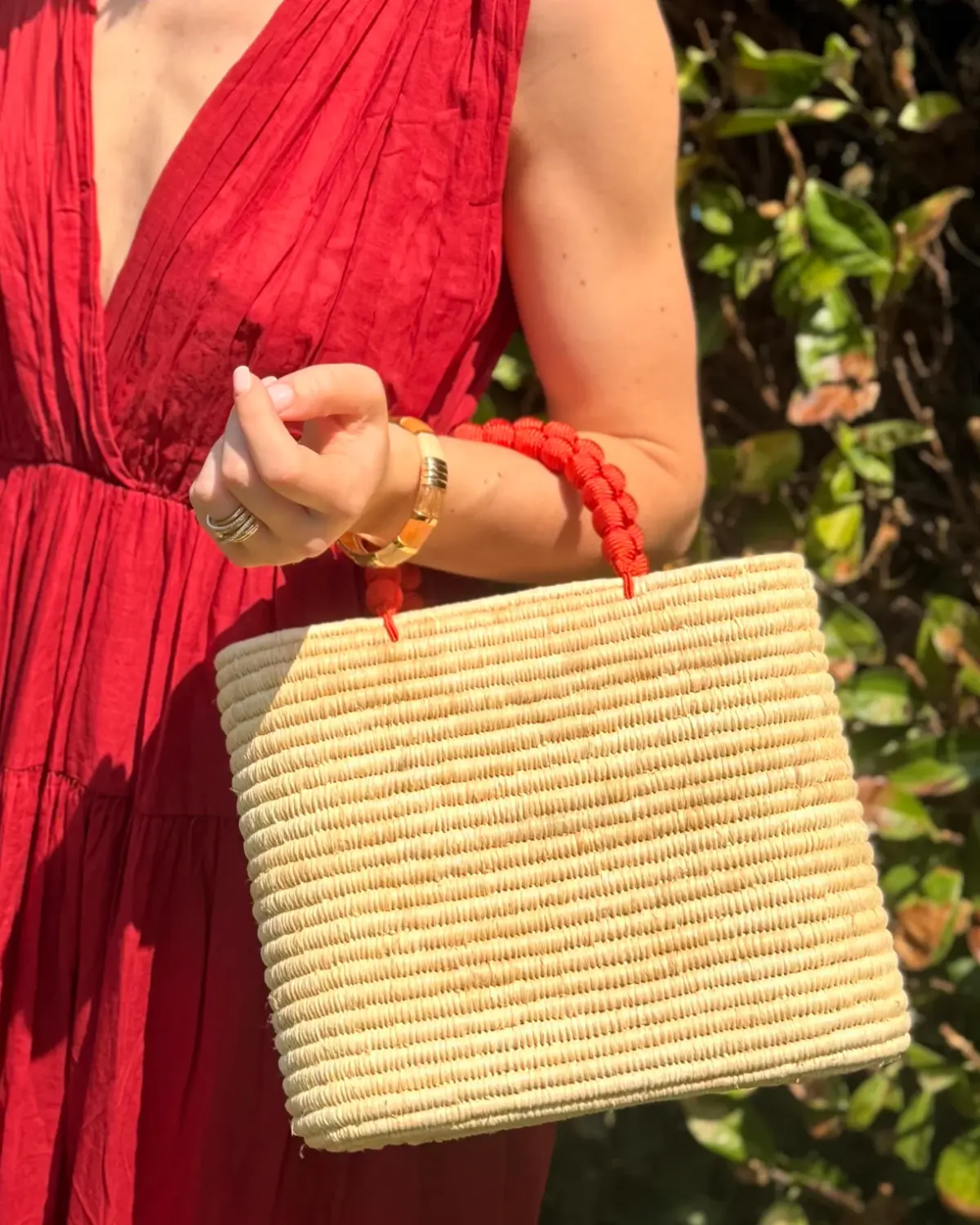 Handmade Raffia Bag – Boho Chic Summer Basket with Round Handles, Available in Orange, Green & Blue