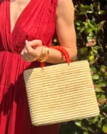 Handmade Raffia Bag – Boho Chic Summer Basket with Round Handles, Available in Orange, Green & Blue