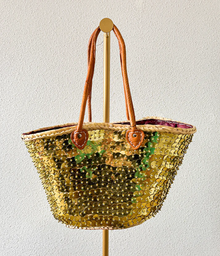 ✨ Golden Bullet Sequin Beach Bag – Handmade Moroccan Boho Tote (M Size)