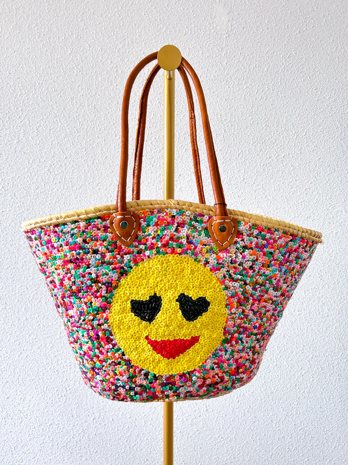 😊 Smiley Sequin Beach Bag – Handmade Moroccan Boho Tote (M Size)