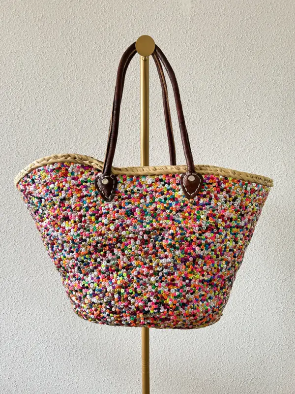 ✨ Purple Multicolor Sequin Boho Beach Bag – Handmade Moroccan Tote (Big Size)