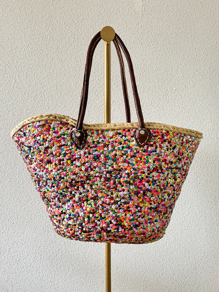 ✨ Purple Multicolor Sequin Boho Beach Bag – Handmade Moroccan Tote (Big Size)