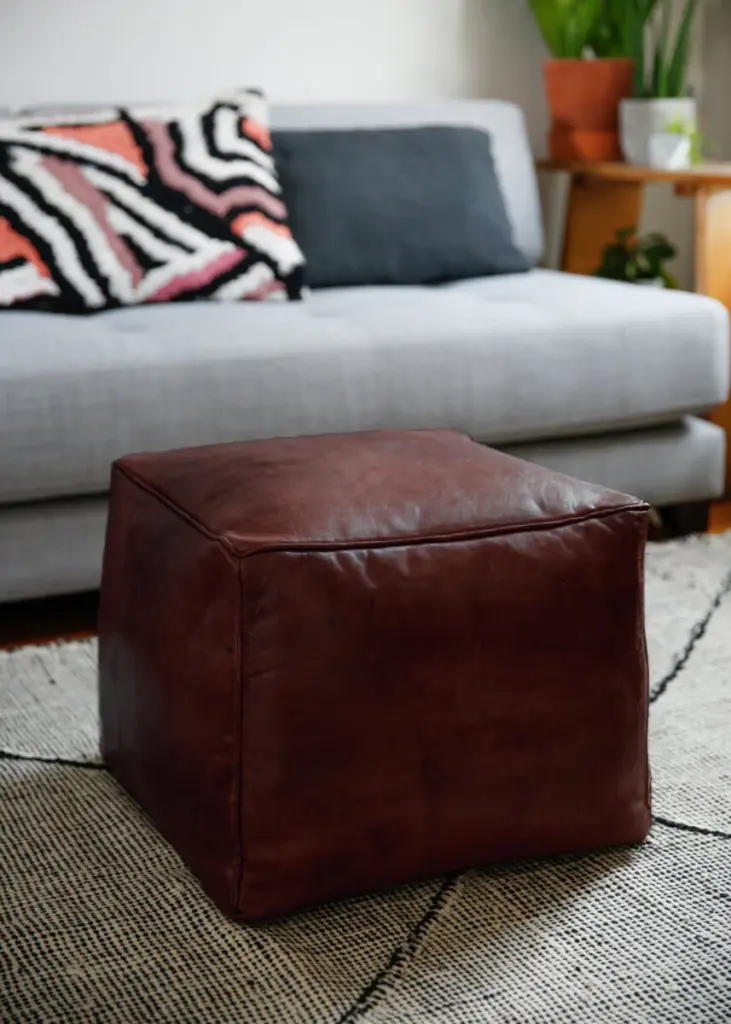 Cherrywood Genuine Leather Pouf – Handmade Moroccan Cube Ottoman