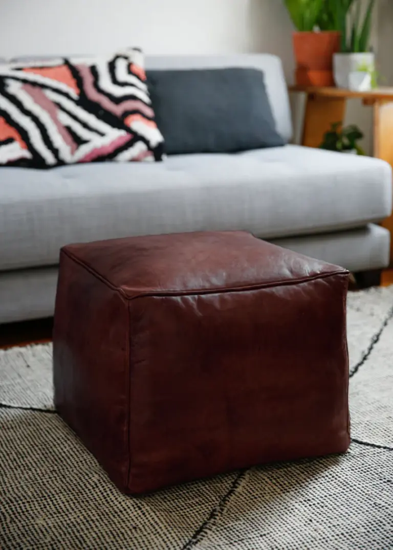 Cherrywood Genuine Leather Pouf – Handmade Moroccan Cube Ottoman