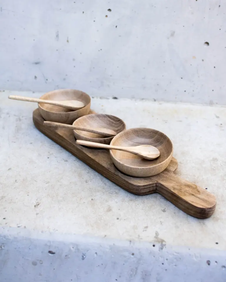 Walnut Wood Tapas Board with 3 Bowls – Handmade Moroccan Serving Set