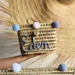 Personalized Handwoven Palm Leaf Vanity Basket with Pom-Poms – Baby Storage Organizer
