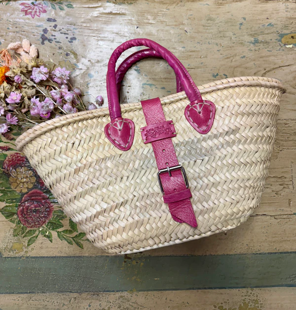 🧺 Small French Basket – Handwoven Straw Tote with Leather Handles