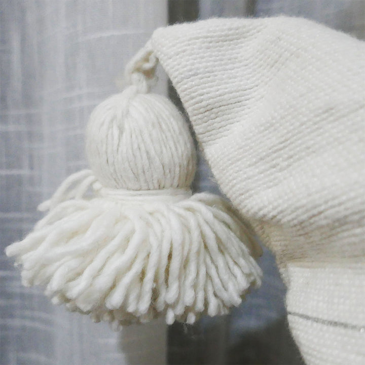 Moroccan Pompom Pillow – White with Silver Stripes, Handwoven Cotton Cushion Cover