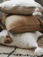 Moroccan Pompom Pillow – White with Silver Stripes, Handwoven Cotton Cushion Cover