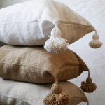 Moroccan Pompom Pillow – White with Silver Stripes, Handwoven Cotton Cushion Cover