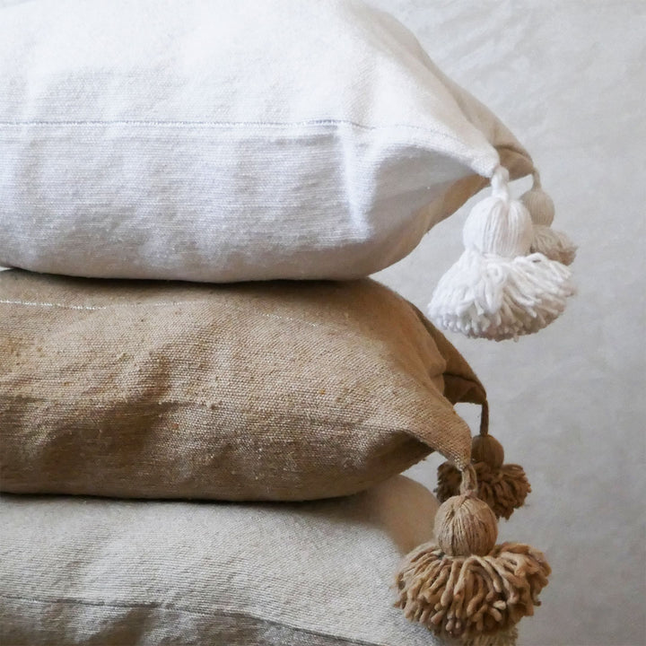 Moroccan Pompom Pillow – White with Silver Stripes, Handwoven Cotton Cushion Cover