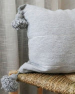 Moroccan Pompom Pillow – White with Silver Stripes, Handwoven Cotton Cushion Cover