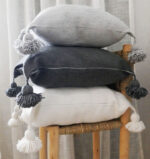 Moroccan Pompom Pillow – White with Silver Stripes, Handwoven Cotton Cushion Cover
