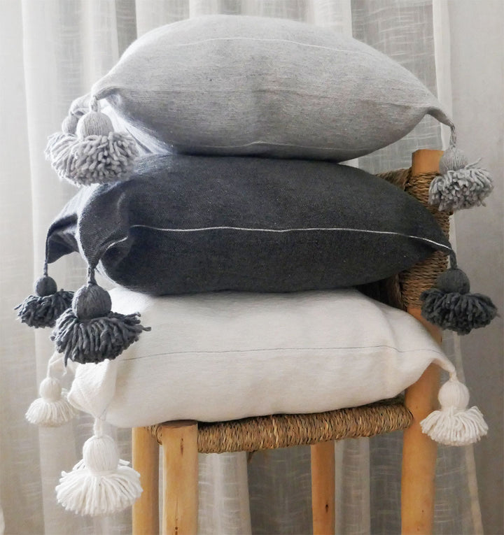 Moroccan Pompom Pillow – White with Silver Stripes, Handwoven Cotton Cushion Cover