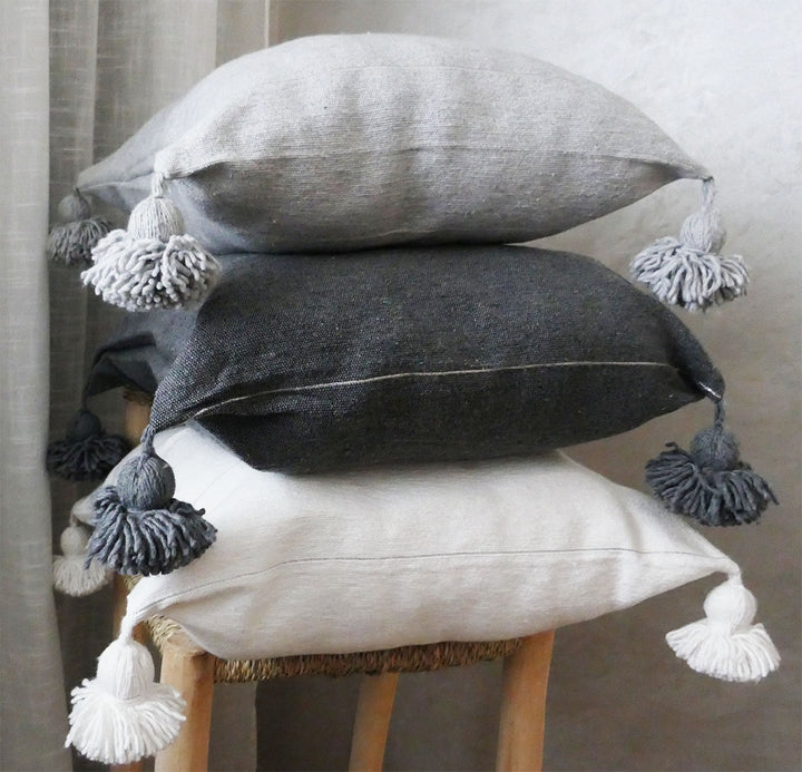 Moroccan Pompom Pillow – White with Silver Stripes, Handwoven Cotton Cushion Cover