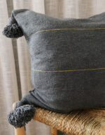 Moroccan Pompom Pillow – White with Silver Stripes, Handwoven Cotton Cushion Cover