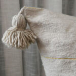 Moroccan Pompom Pillow – White with Silver Stripes, Handwoven Cotton Cushion Cover