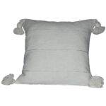 Moroccan Pompom Pillow – White with Silver Stripes, Handwoven Cotton Cushion Cover