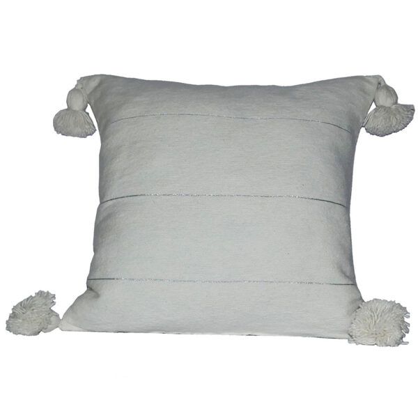 Moroccan Pompom Pillow – White with Silver Stripes, Handwoven Cotton Cushion Cover
