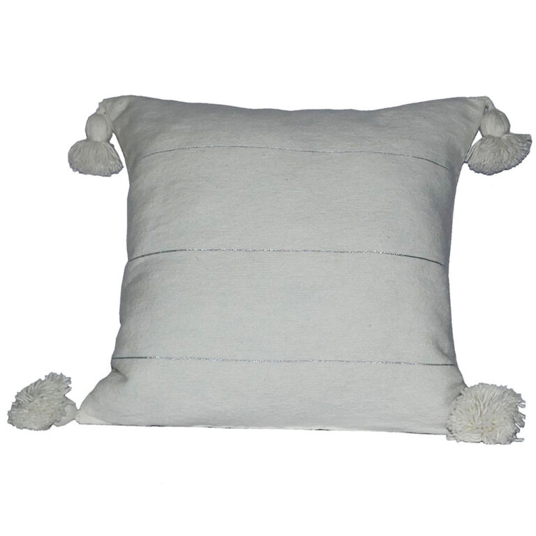 Moroccan Pompom Pillow – White with Silver Stripes, Handwoven Cotton Cushion Cover