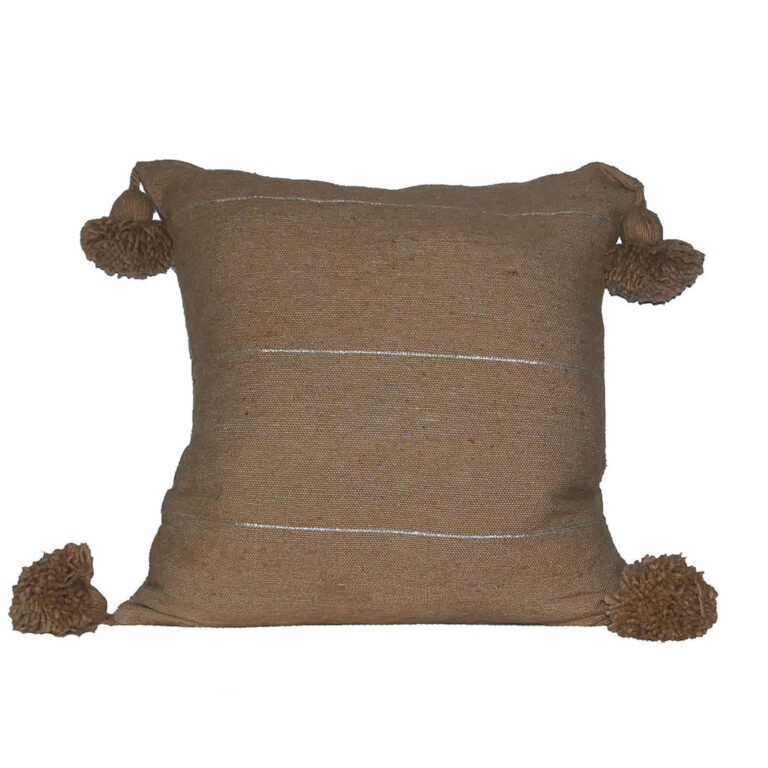 Moroccan Pompom Pillow – White with Silver Stripes, Handwoven Cotton Cushion Cover