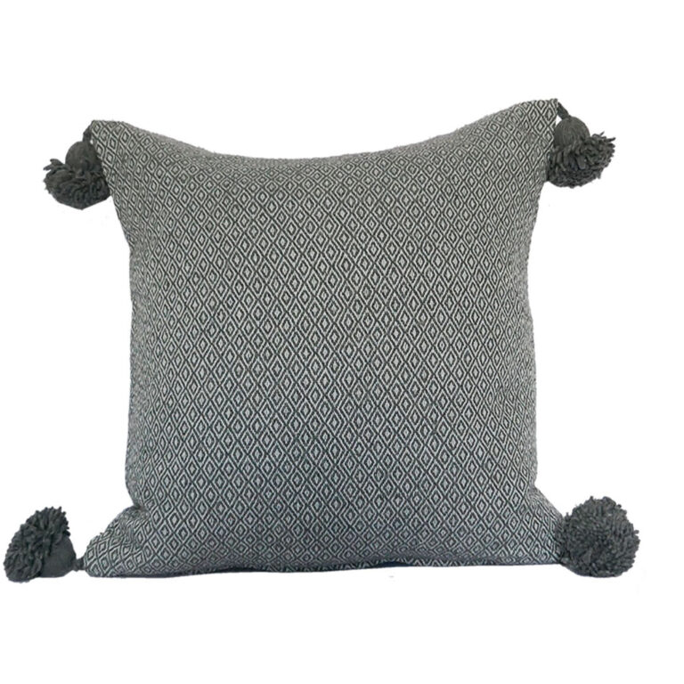 Moroccan Pompom Pillow – White with Silver Stripes, Handwoven Cotton Cushion Cover