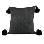 Moroccan Pompom Pillow – White with Silver Stripes, Handwoven Cotton Cushion Cover